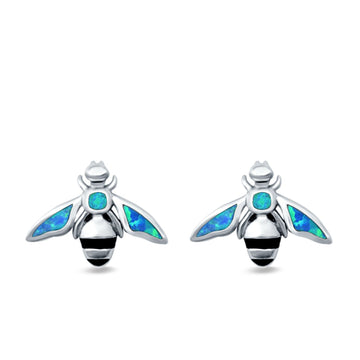 Bee Stud Earrings Lab Created Blue Opal 925 Sterling Silver (11mm)